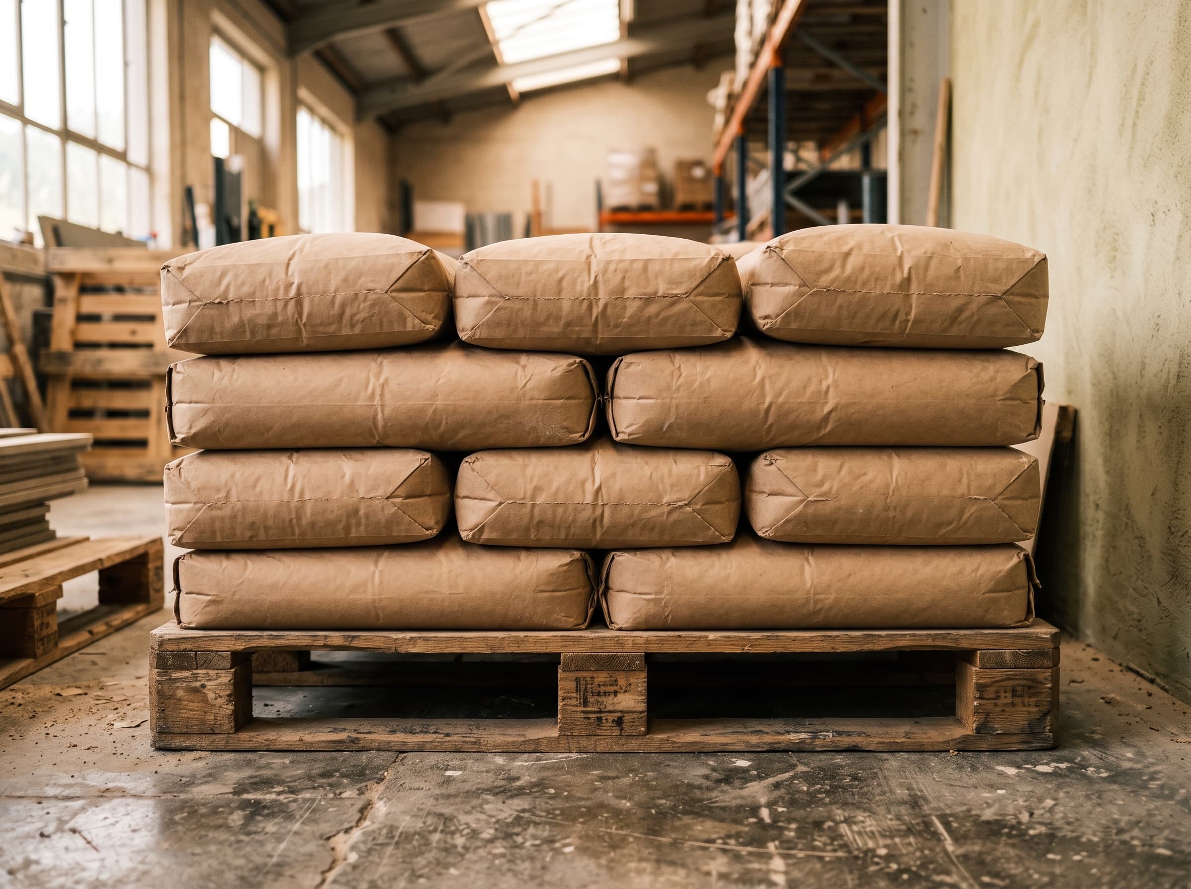 Palletised cement on a supplier warehouse floor