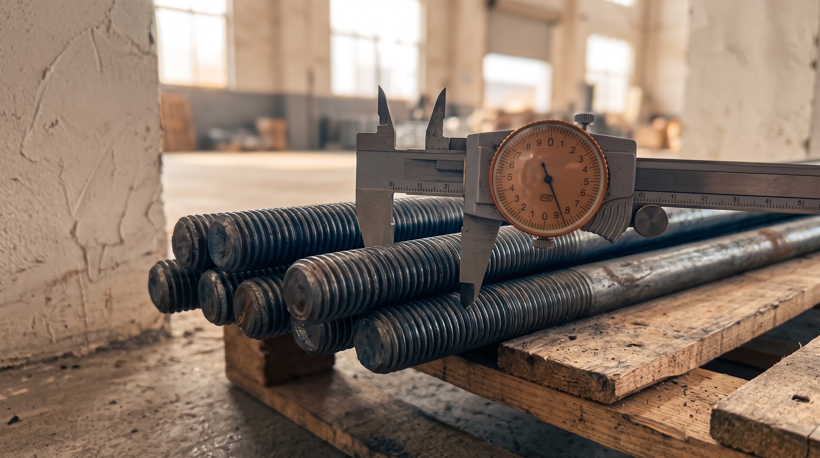 A dial caliper measuring a threaded steel bar at the factory